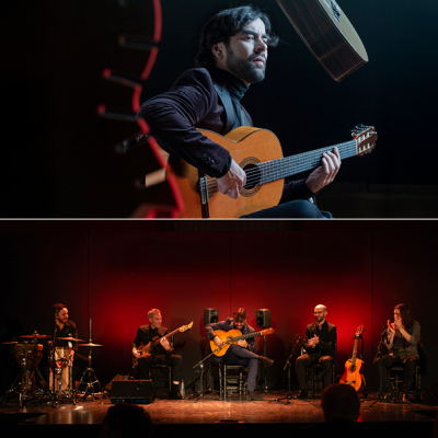 zweigeteiltes Bild: oben Daniel Casares mit seiner Gitarre; unten die komplette Band auf der Bühne