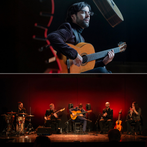 zweigeteiltes Bild: oben Daniel Casares mit seiner Gitarre; unten die komplette Band auf der Bühne