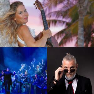 dreigeteiltes Bild: oben befindet sich Julia Malischnig, unten links die Band KelagBigBand und rechts Hans Lassnig-Walder